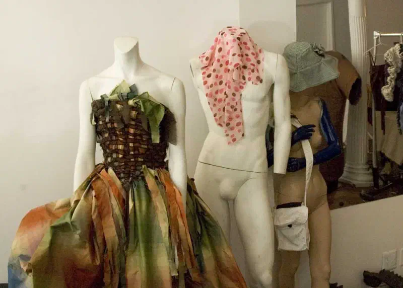 Finished garments in the Open Stitch installation at Location One