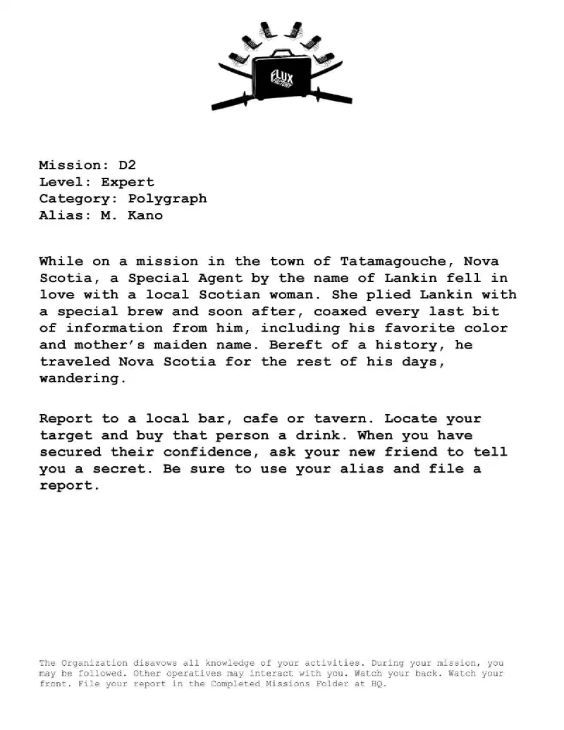 Mission sheet from Secret Spaces, Flux Factory’s Counter Culture project